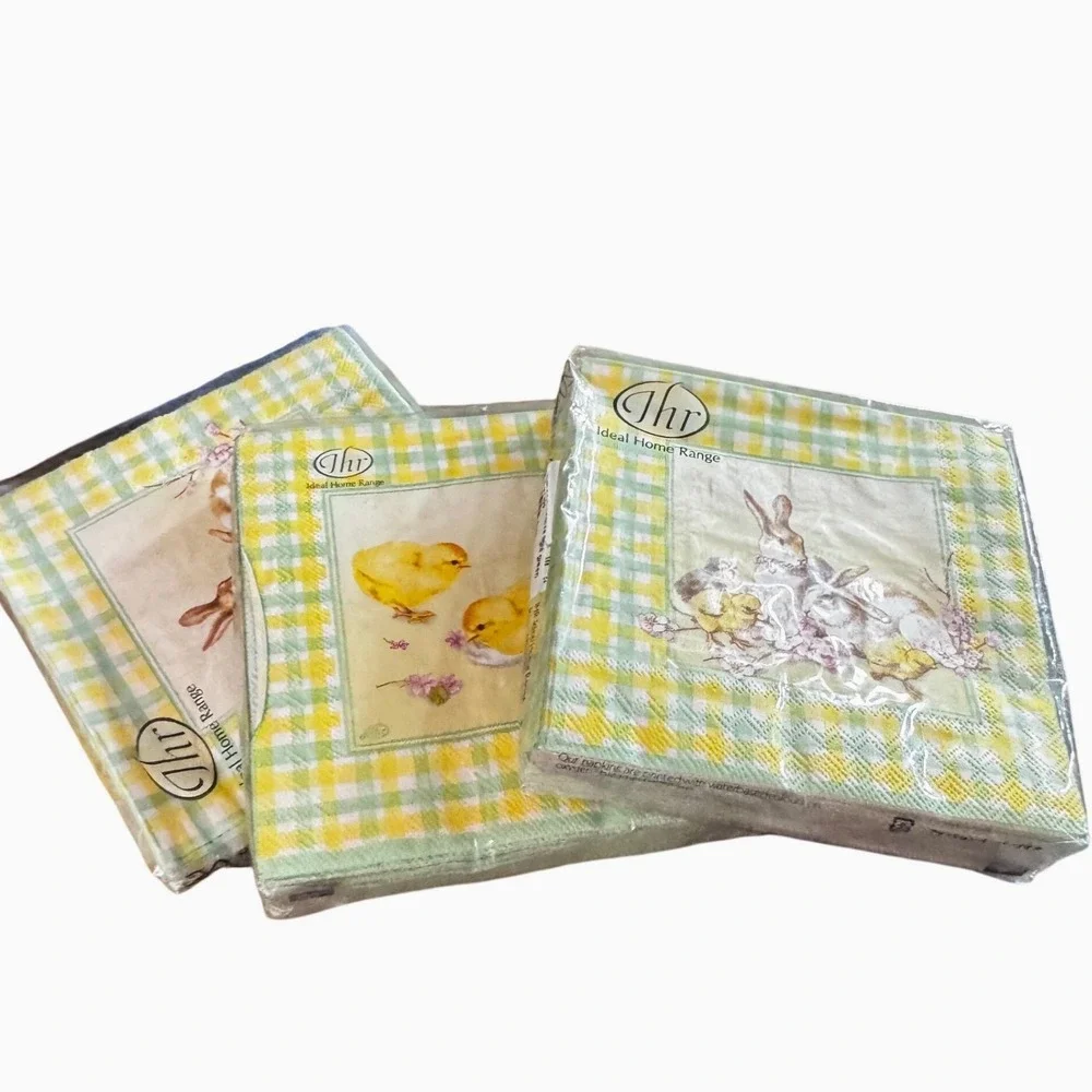 IHR Vtg Easter Cocktail Napkins 3 Ply 3 Packs 60 Ct Total Bunny Chicks Gingham